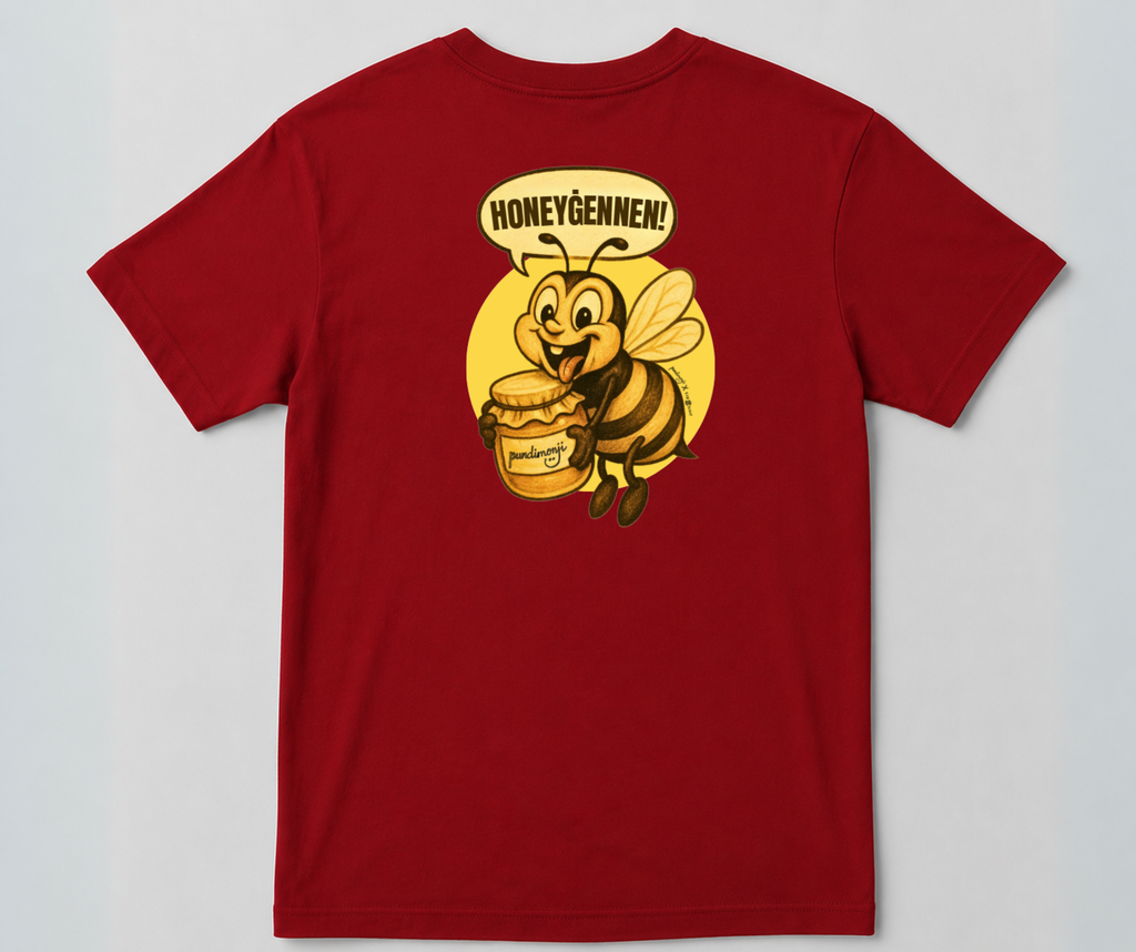 Red t-shirt with cartoon bee graphic and Honeyġennen slogan on the back
