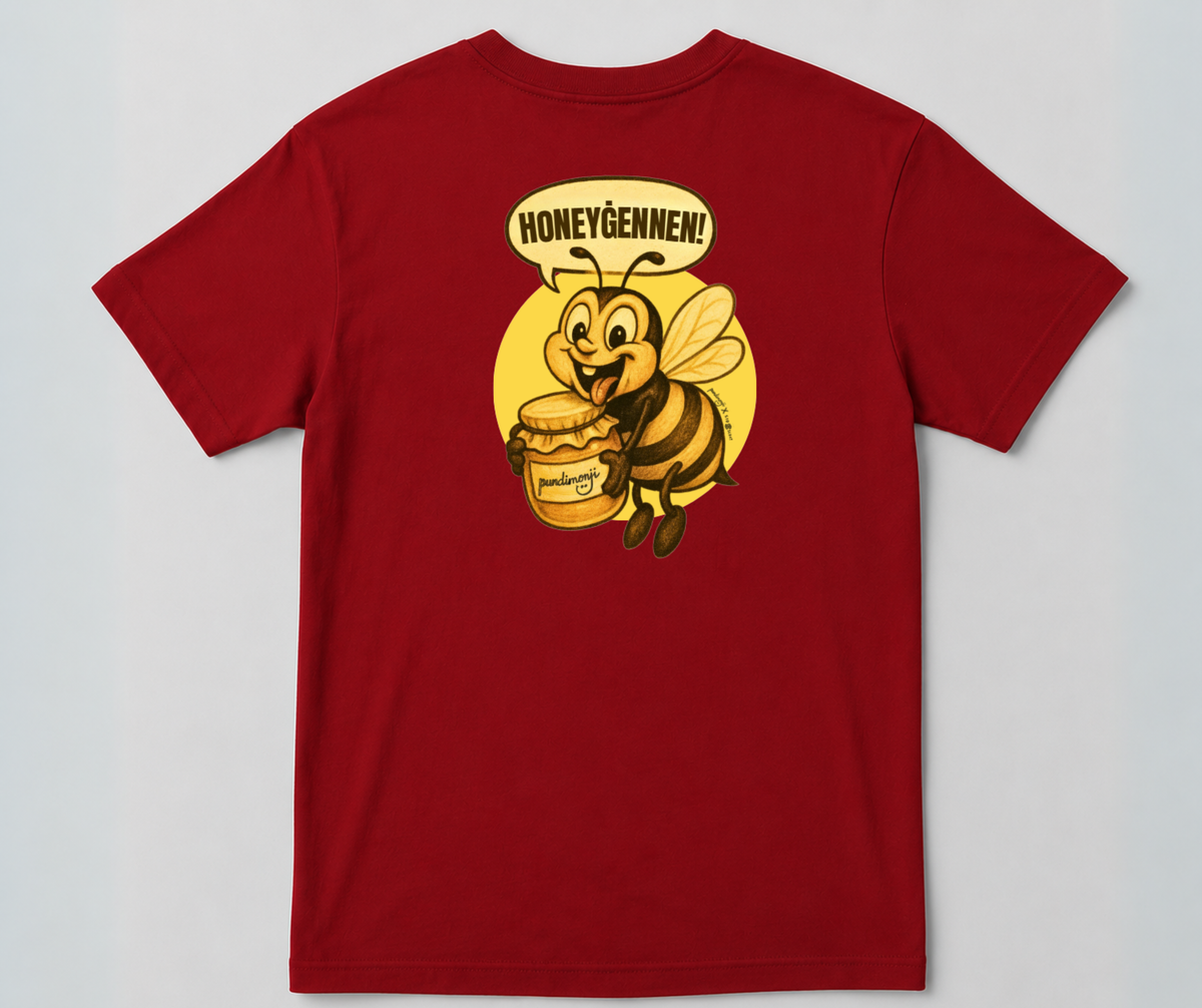 Red t-shirt with cartoon bee graphic and Honeyġennen slogan on the back